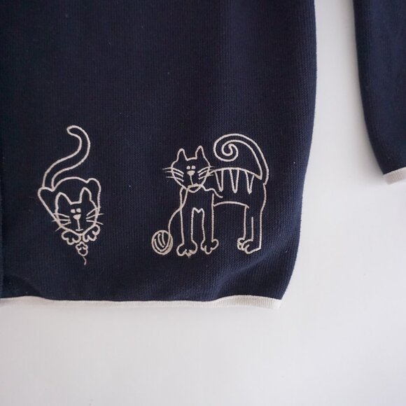 VTG Christopher & Banks Navy Knit Cat Embroidered Cardigan Cotton Blend XL - Picture 4 of 8